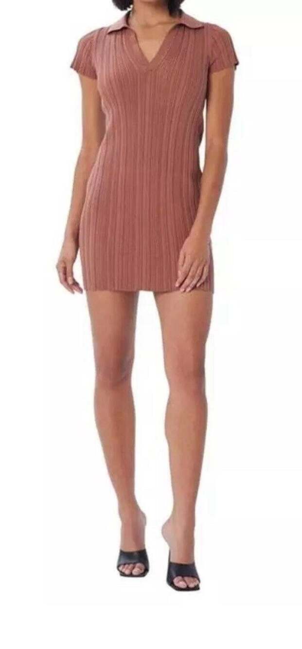 Lita by Ciara Women’s Cinnamon Ribbed Cotton Blend Polo Mini Dress Stretch XS